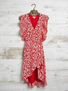 INA Red & White Leaf Print Wrap Midi Dress with Ruffle Sleeves Size Medium